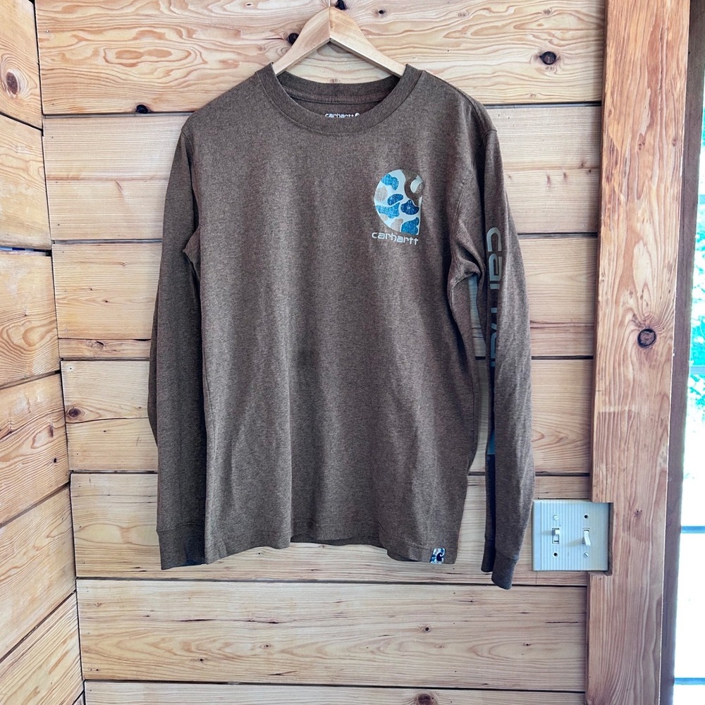 Carhartt Long Sleeve Shirt Mens Small Brown Camo Graphic Logo Relaxed Fit Tee